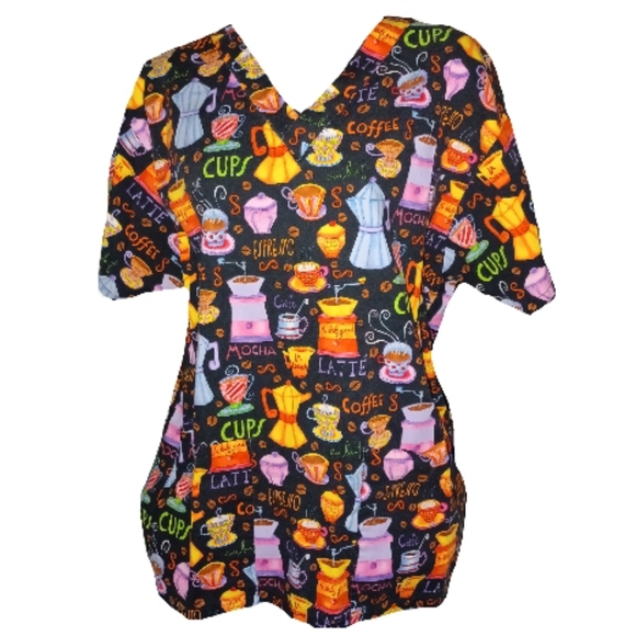 Banana Scrub Top with Coffee Cup Print - Picture 2 of 4